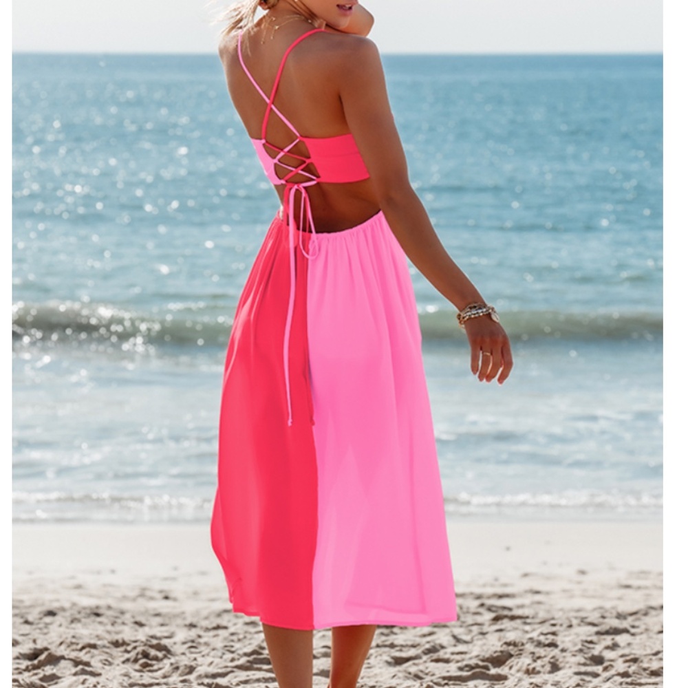 NWT Popvil A-Line Asymmetrical Red Pink Colorblock Dress. Size medium. - Picture 2 of 8